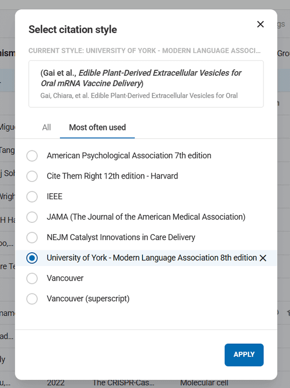 Citation style selection showing major academic formats