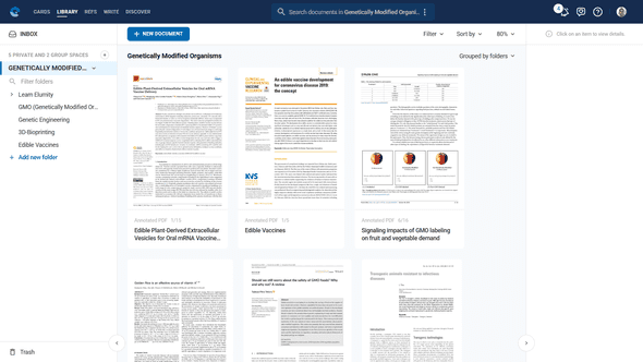 Elumity main dashboard showing Library, References, Cards, Write, and Discover tabs