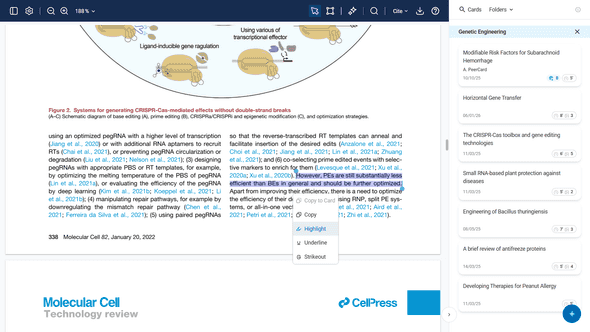 PDF viewer showing annotation tools and Cards sidebar