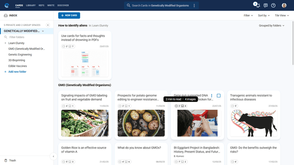 Cards interface showing tile view of knowledge cards with reading time estimates