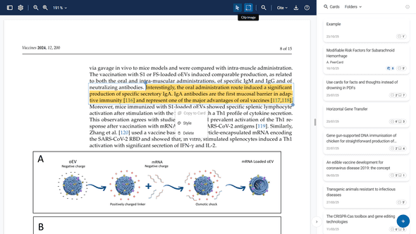 PDF viewer showing annotation tools and Cards sidebar
