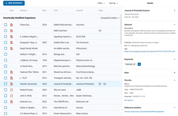 Reference metadata interface showing keywords and notes fields