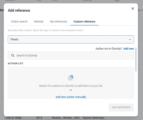 Custom reference creation interface showing reference type selection