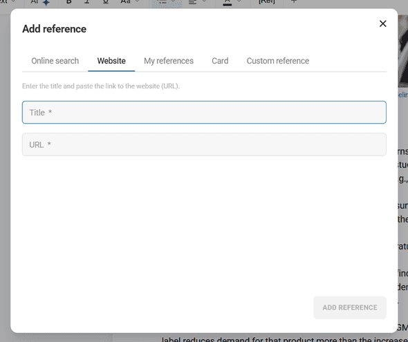 Website reference creation form